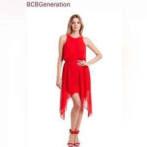 Red high Neck Halter, Sleeveless & Asymmetrical Dress